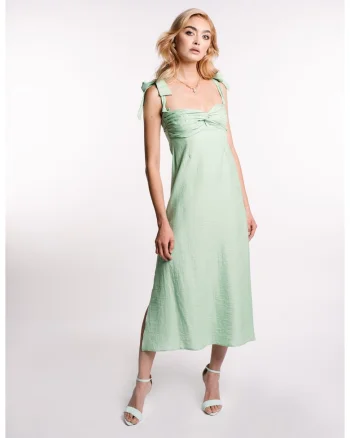 Rochie midi din amestec de in, cu bust fronsat, Verde