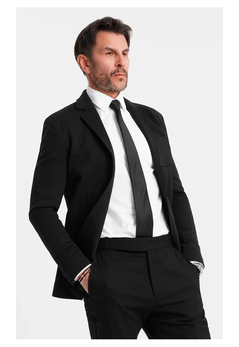 Sacou SLIM din tesatura tricotata cu textura subtila  OM-BLZB-0101, Negru, Negru