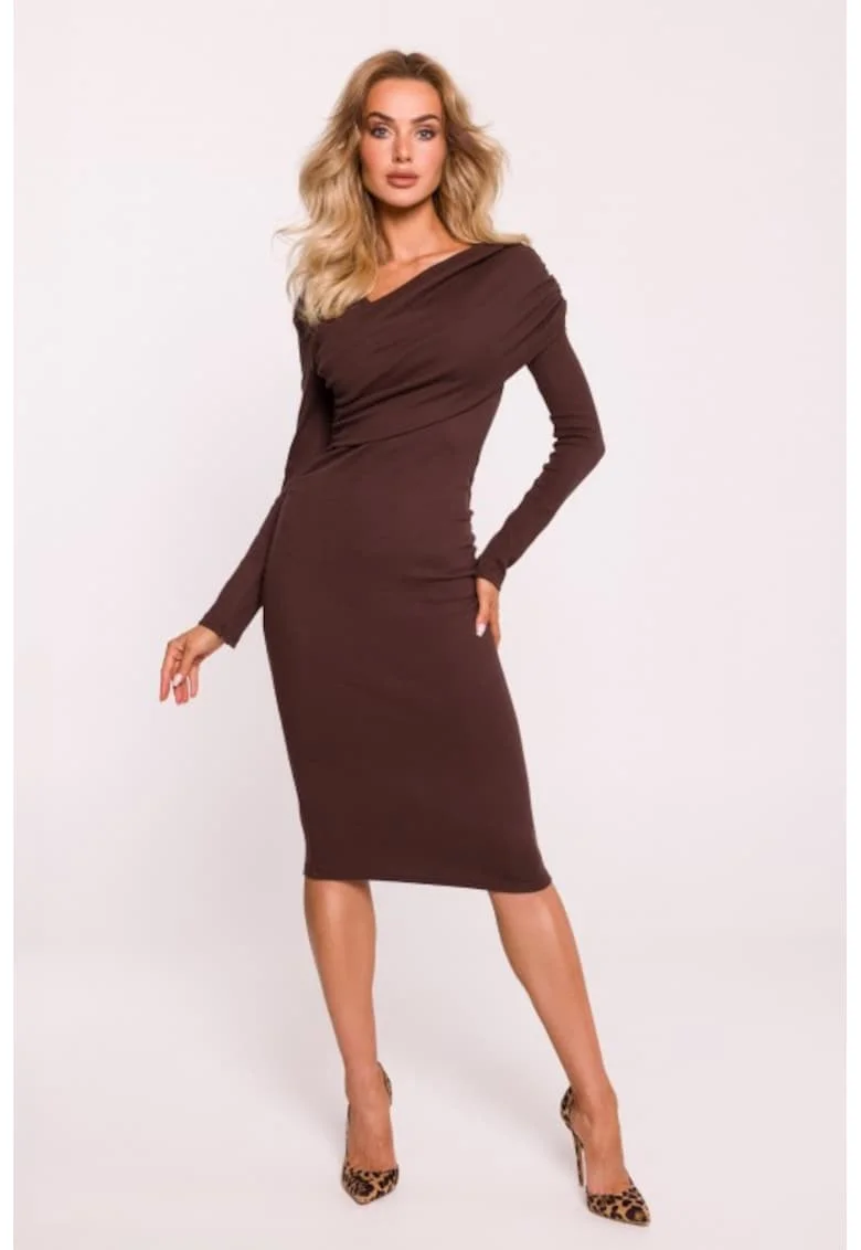 Rochie-creion cu drapaje si decolteu pe un umar,