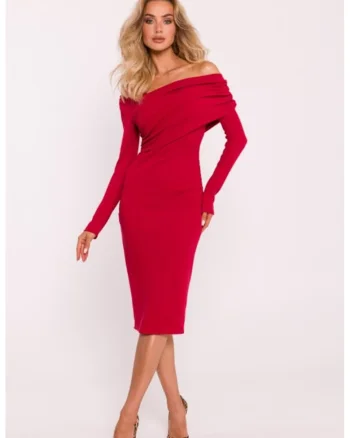 Rochie-creion cu drapaje si decolteu pe un umar,