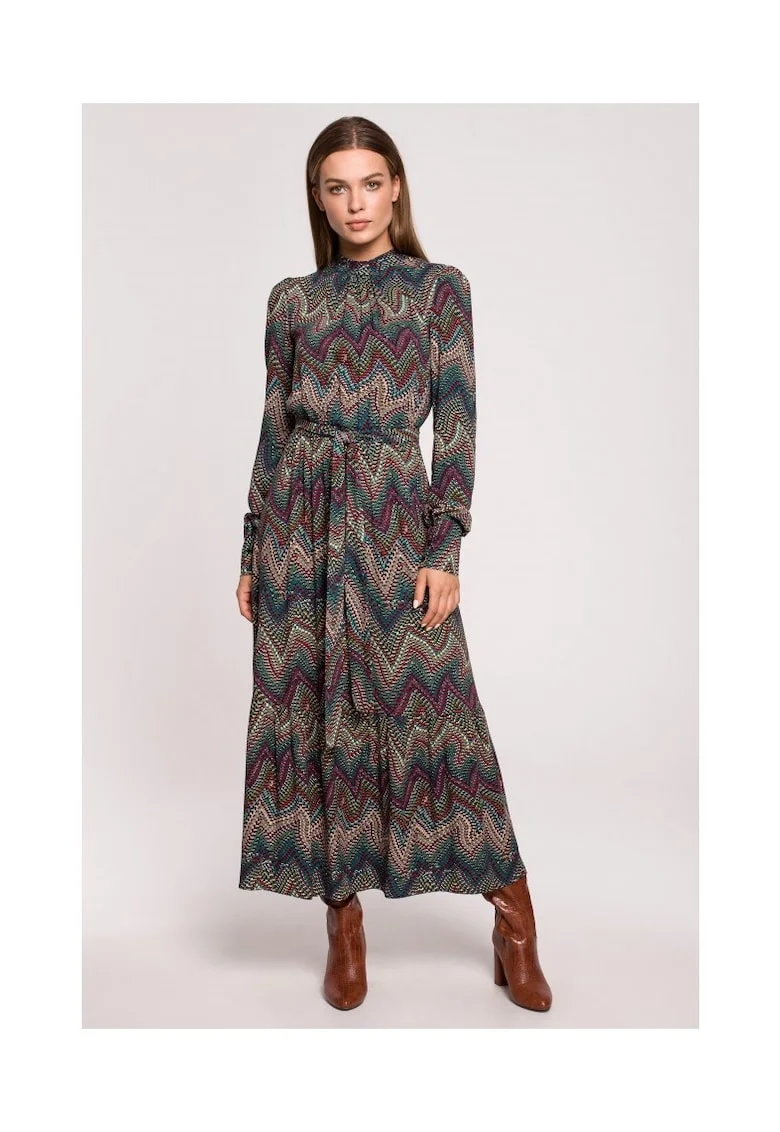 Rochie maxi cu volan - imprimeu aztec - model 2, Multicolor