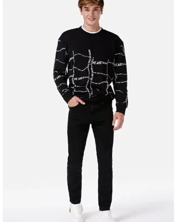 Pulover regular fit cu decolteu la baza gatului, Alb/Negru