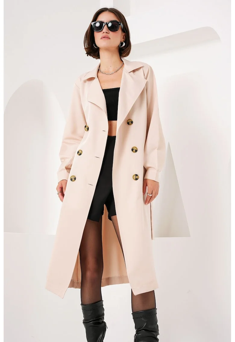 Palton dama, BigDart, trenci lung cu doua randuri de nasturi, poliester, Bej Natural, 4XL, Bej