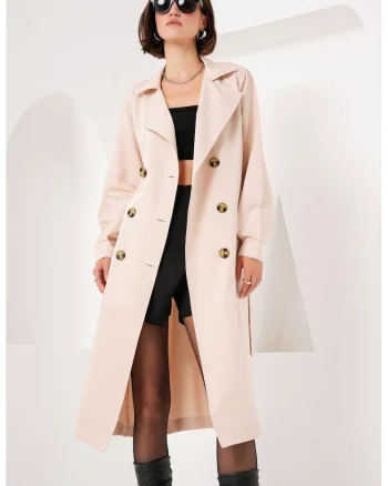 Palton dama, BigDart, trenci lung cu doua randuri de nasturi, poliester, Bej Natural, 4XL, Bej