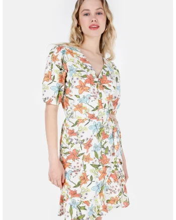 Rochie din amestec de in cu model floral, Alb/Portocaliu/Albastru