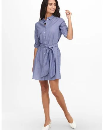 Rochie-camasa in dungi, cu un cordon, Alb/Albastru inchis