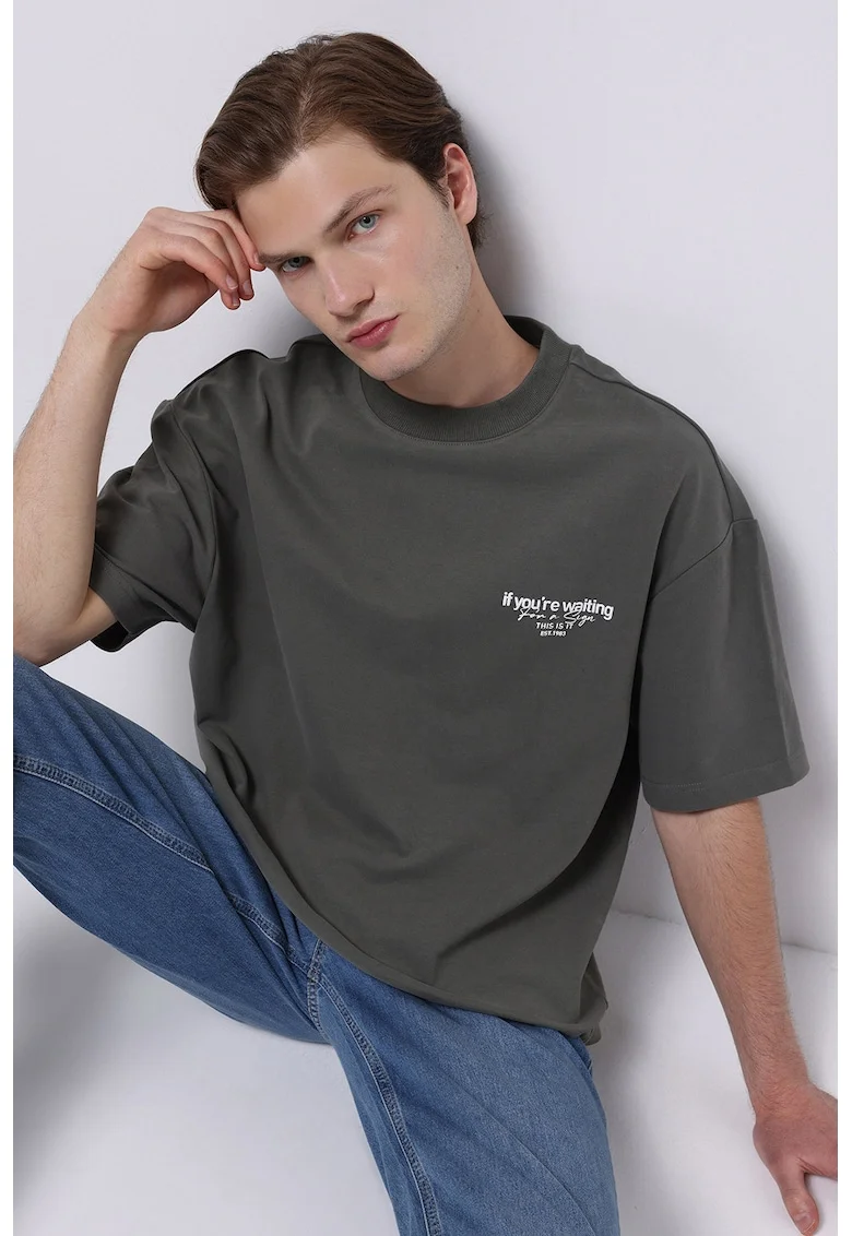 Tricou de bumbac cu text, Gri antracit
