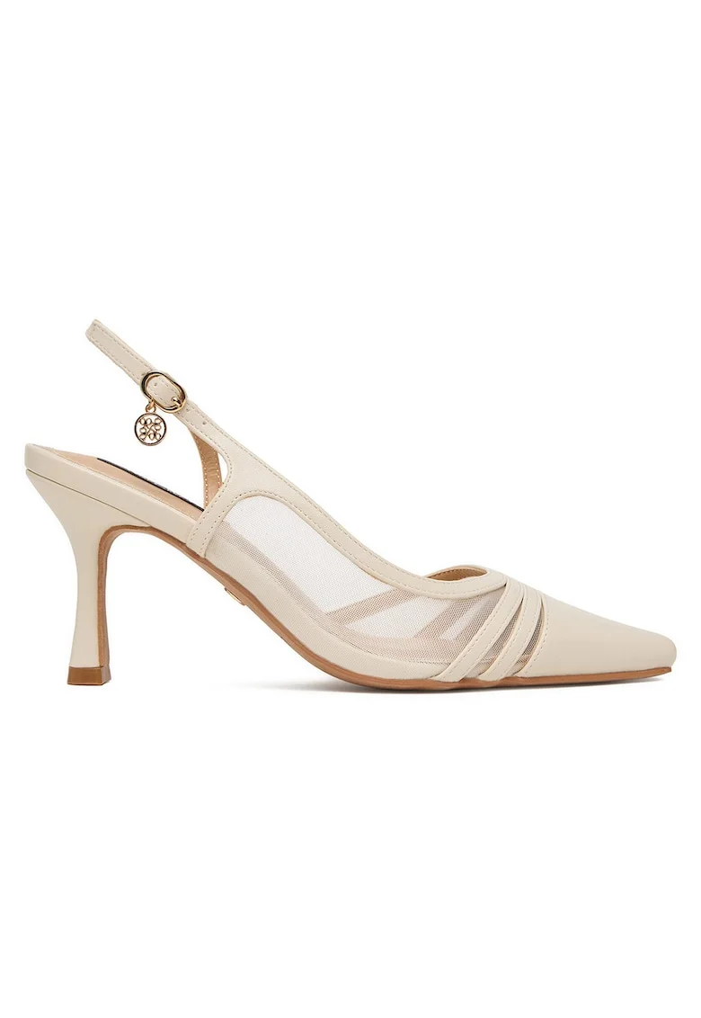 Pantofi dama,  toc ascutit, crem, textil,