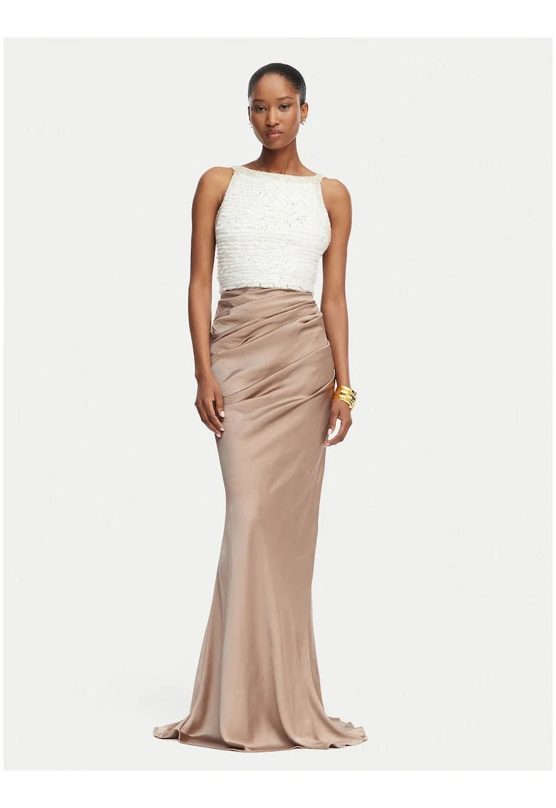 Rochie de seara,  Alb, Maro, fara maneca, poliamida|poliester