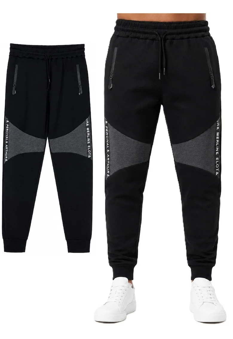 Pantaloni lungi cu detalii contrastante, Negru/Gri