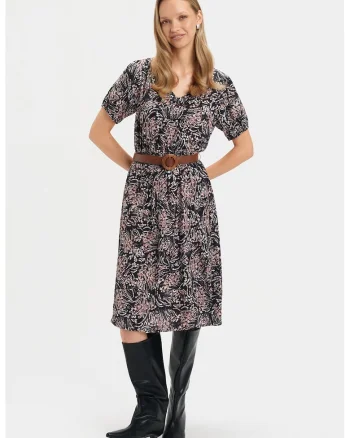Rochie midi cu o curea, Negru/Roz prafuit