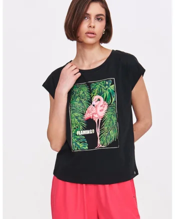 Tricou din bumbac cu imprimeu cu flamingo, Negru