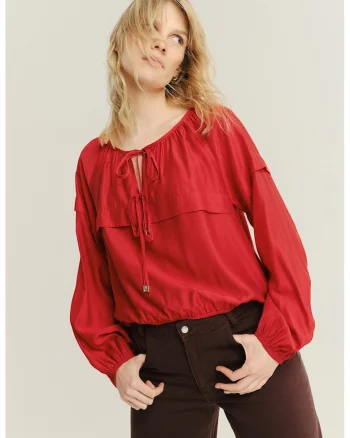 Bluza cu decolteu rotund si mansete elastice, Rosu
