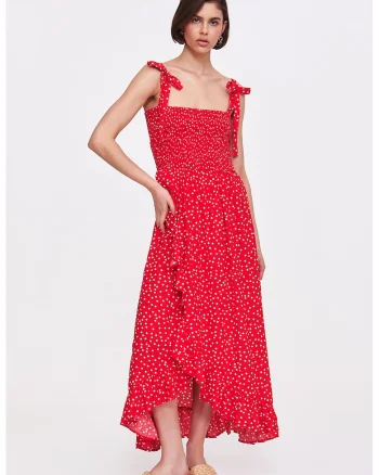 Rochie midi evazata cu model cu buline, Rosu/Alb