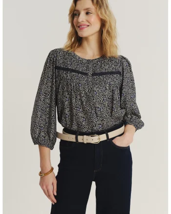 Bluza cu model si maneci trei sferturi, Albastru ultramarin/Bej