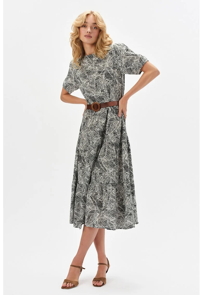 Rochie midi cu model si curea, Negru/Bej