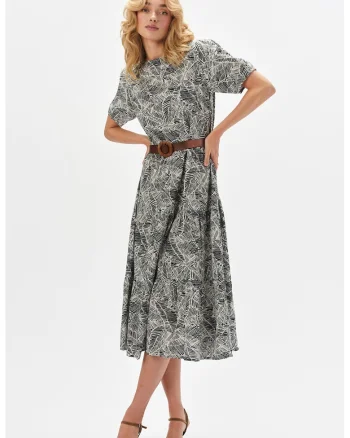 Rochie midi cu model si curea, Negru/Bej