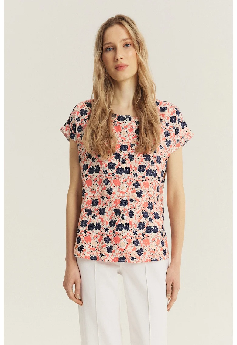 Bluza cu maneci scurte si model floral, Bej/Roz/Bleumarin