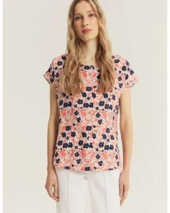 Bluza cu maneci scurte si model floral, Bej/Roz/Bleumarin
