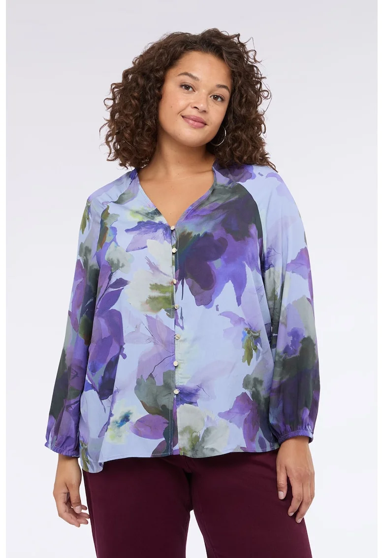 Camasa cu mansete elastice si model floral, Albastru lavanda/Kaki inchis/Ametist