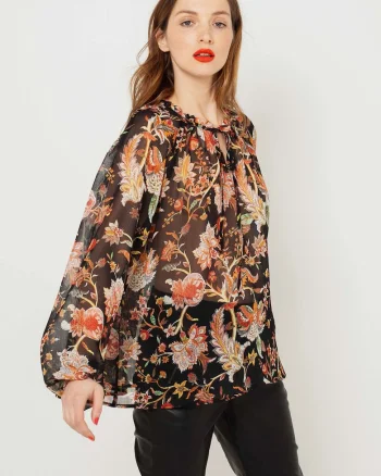 Bluza semitransparenta larga cu imprimeu floral,