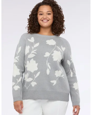 Pulover din amestec de lana cu imprimeu floral, Alb/Gri