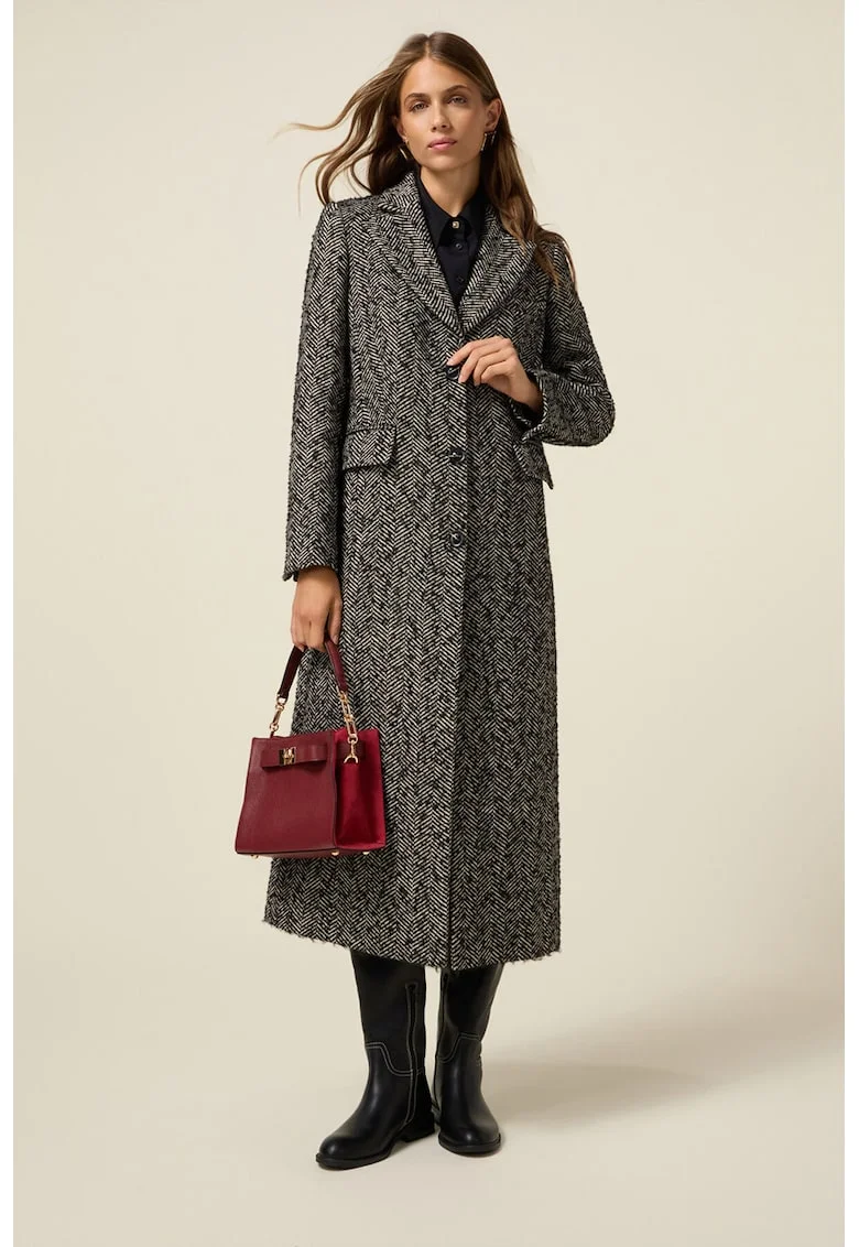 Palton lung cu model herringbone, Negru/Alb murdar