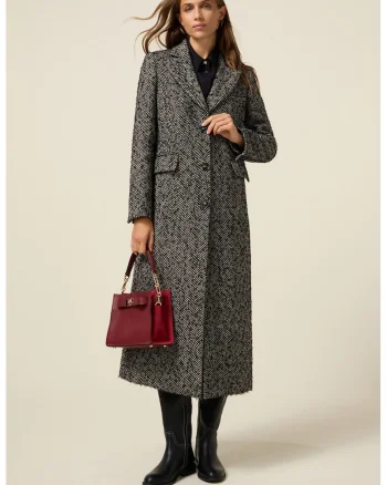Palton lung cu model herringbone, Negru/Alb murdar