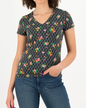 Tricou din amestec de bumbac cu model grafic si floral,