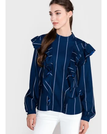 Bluza cu imprimeu in dungi si volane aplicate,
