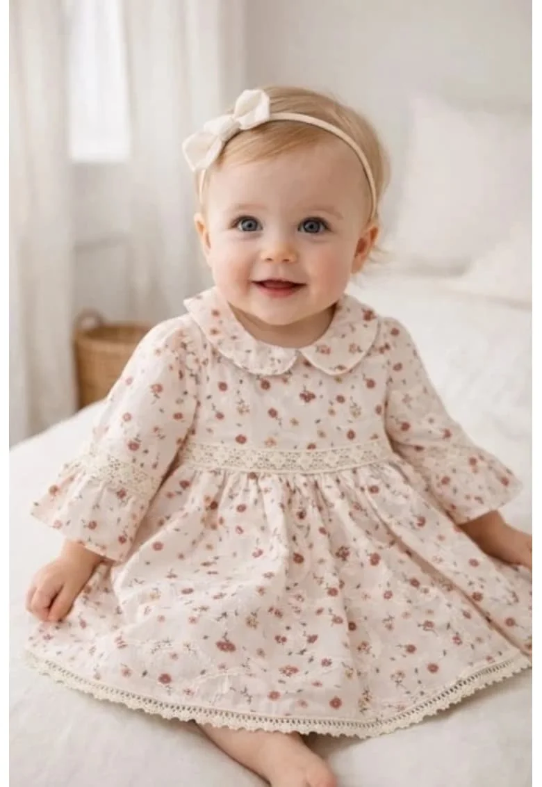 Rochita fetita roz pal cu imprimeu floral guler peter pan maneci evazate eleganta