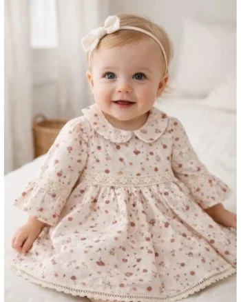 Rochita fetita roz pal cu imprimeu floral guler peter pan maneci evazate eleganta