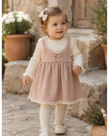 Rochie bebe eleganta roz pudra cu muselina si dantela pentru fetite aniversare si evenimente