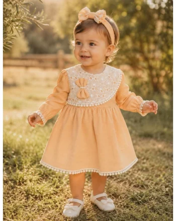 Rochie bebe fetita din muselina piersica cu dantela si bentita pentru botez aniversare