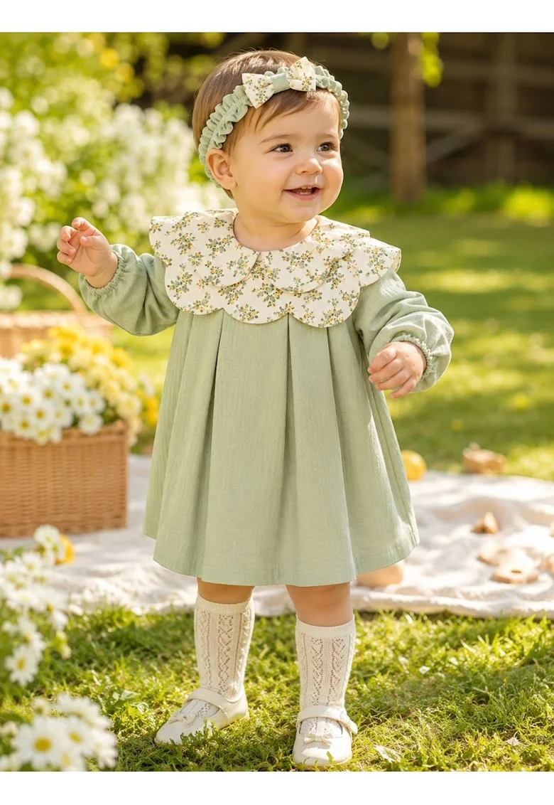 Rochie bebe fetita din muselina cu bentita si guler ffewgewloral eleganta, Fete, Verde