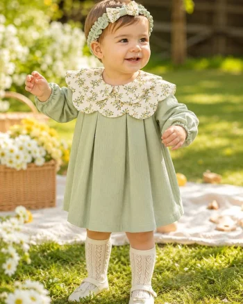 Rochie bebe fetita din muselina cu bentita si guler ffewgewloral eleganta, Fete, Verde
