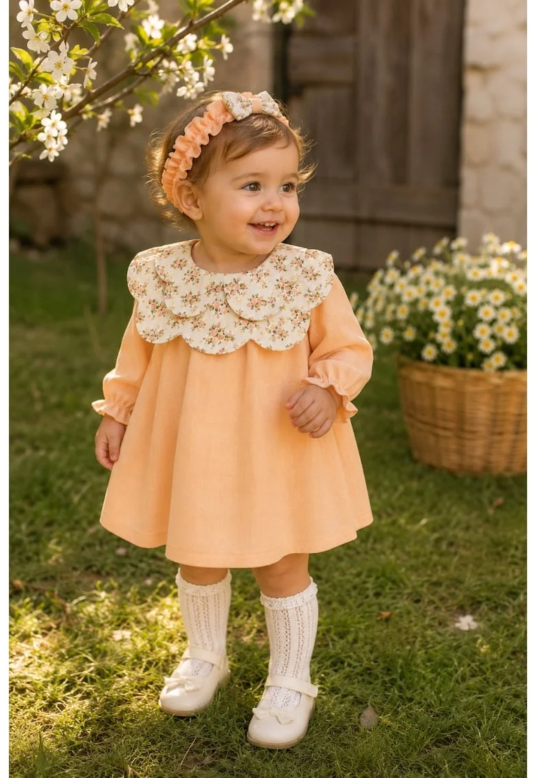 Rochie bebe fetita din muselina cu bentita si guler ffewgewloral eleganta, Fete, Portocaliu