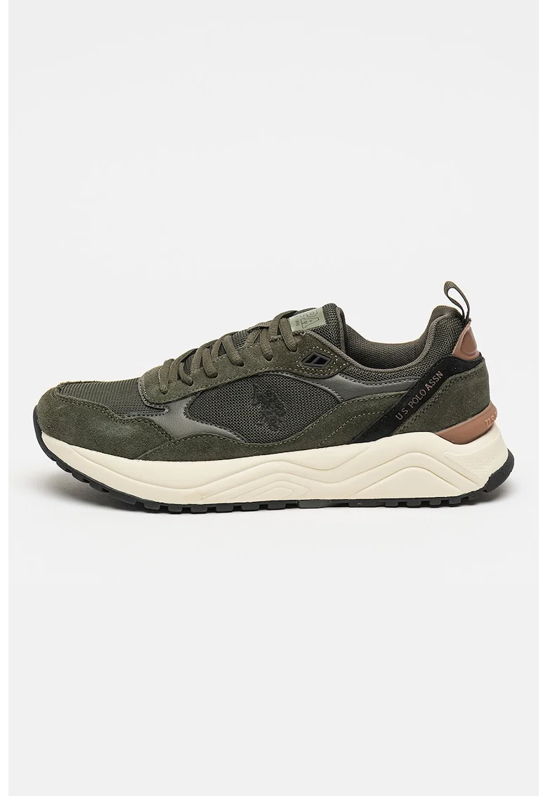 Pantofi sport cu insertii din piele intoarsa, Verde inchis