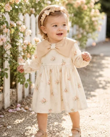 Rochie bebe fetita din muselina crem cu flori si bentita eleganta