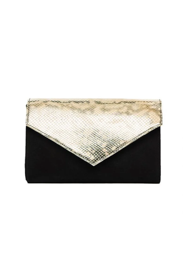 Geanta dama piele,  Plic one mic, velur negru cu sarpe bej auriu, 22x5x15 cm
