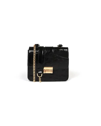 Geanta dama piele,  Divya, croco lac negru, 19 x 6 x 16 cm