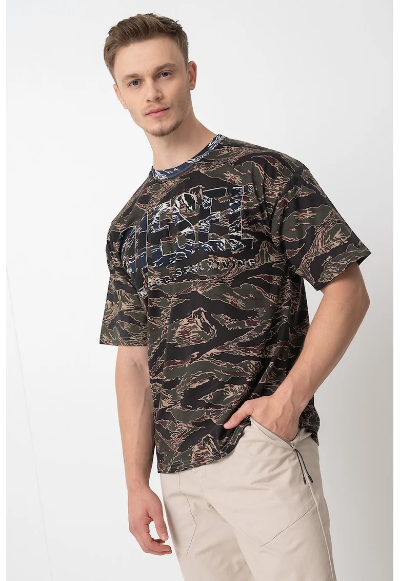 Tricou din bumbac cu logo si imprimeu camuflaj, Kaki inchis