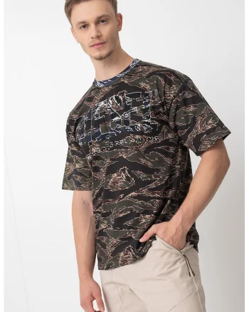 Tricou din bumbac cu logo si imprimeu camuflaj, Kaki inchis