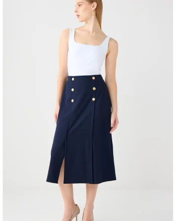 Fusta midi cu croiala dreapta si slituri frontale, Bleumarin