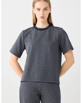 Tricou cu decolteu la baza gatului cu model, Bleumarin