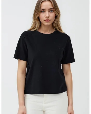 Tricou din bumbac cu decolteu la baza gatului, Negru