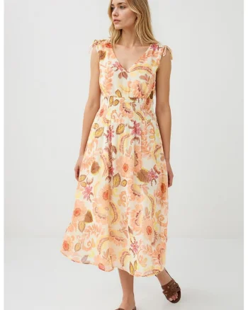 Rochie cu detaliu elastic transparent si decolteu in V, Portocaliu/Galben pal/Roz