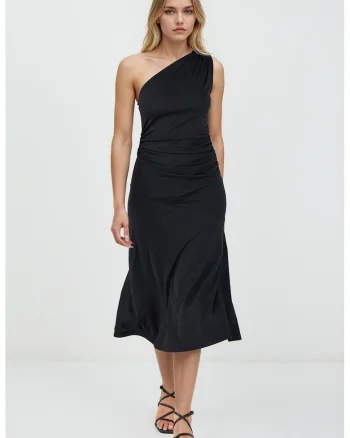 Rochie slim fit cu decolteu pe un umar, Negru