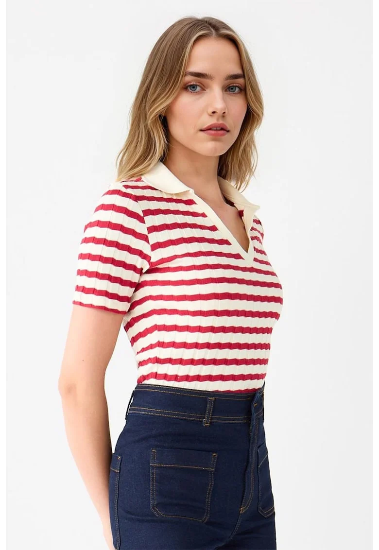 Bluza polo din tricot, Rosu/Alb fildes