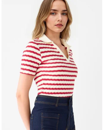 Bluza polo din tricot, Rosu/Alb fildes